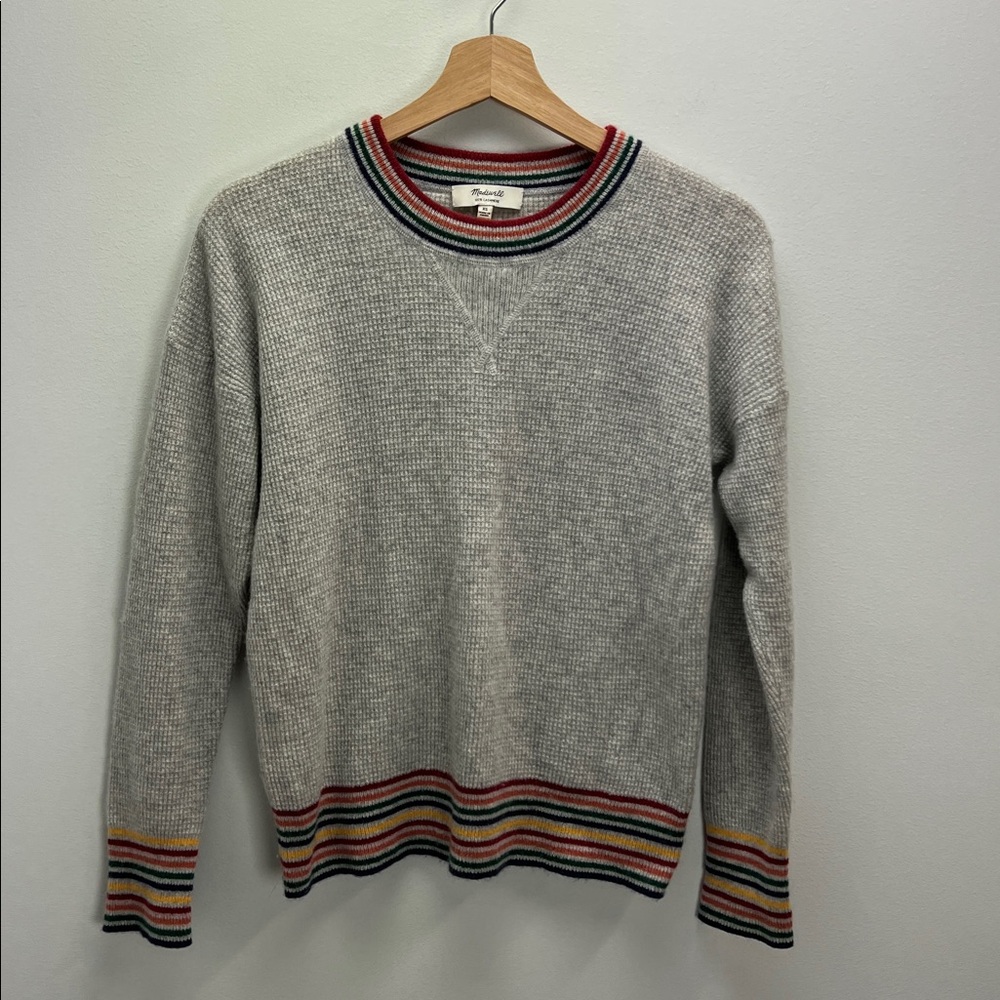 Madewell Rainbow Trim Cashmere Sweatshirt Waffle Knit Sweater Womens XS Soft